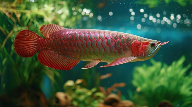 Majestic red arowana swimming among aquatic plants in a clear water aquarium