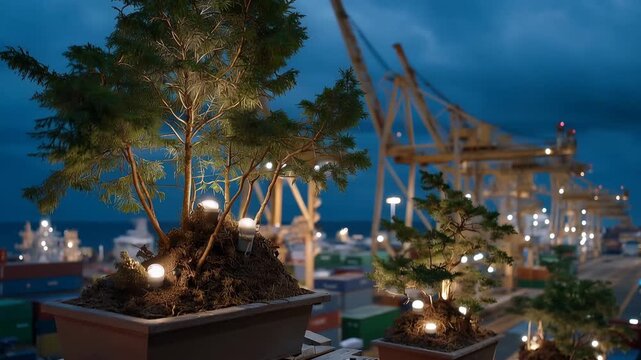 Candlelit Earth Day ceremony on container port observation deck, workers holding miniature trees for facility greening project, massive cranes silhouetted against twilight sky, ideal for