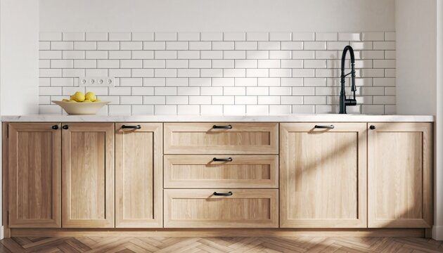 Modern light wood kitchen cabinets with white subway tile backsplash and black faucet.