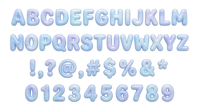 Alphabet Letters Numbers and Symbols in Light Blue Pearlescent Bubble Font Style