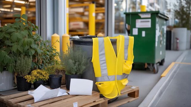 Candlelit Earth Day vigil setup on loading dock edge, potted plants surrounding handwritten carbon footprint charts, safety vest draped over recycling bins in background, perfect for sustainable
