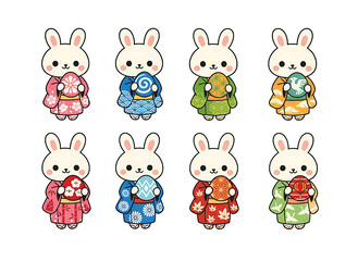 Obraz premium Cute kawaii bunny in Japanese kimono character set with traditional patterns