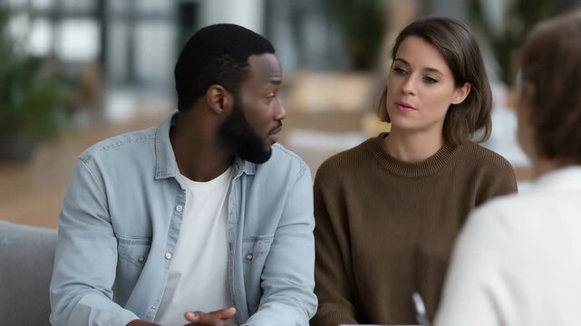 Co-founder couples therapy equivalent, mediator helping partners find common ground, startup survival at stake, tense body language in neutral conference room, ideal for partnership conflicts and