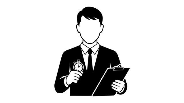 Time Management Master: A professional in a sharp suit, holding a stopwatch and clipboard, embodies precision and efficiency, the epitome of time management.