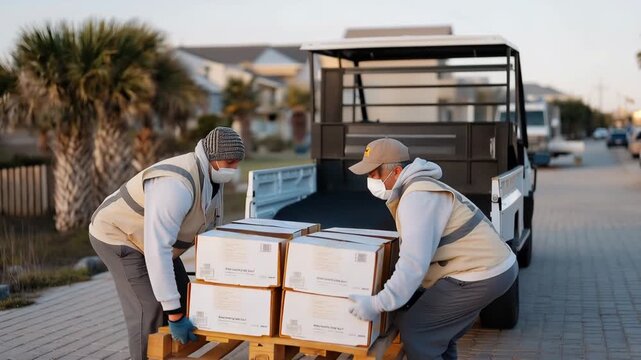 Community organizers distribute food boxes outside interfaith center, volunteers from different religious backgrounds work together loading vehicles, desolate parking lot transforms into hub of
