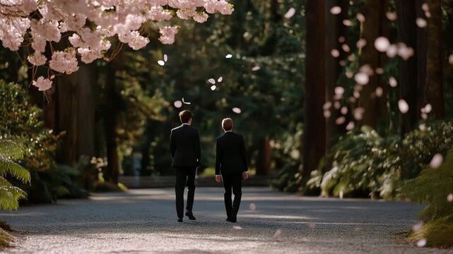 Co-founders reconciling after dispute, walking through spring park, cherry blossoms falling, body language shifting from tense to collaborative, fresh start visible, ideal for partnership repair