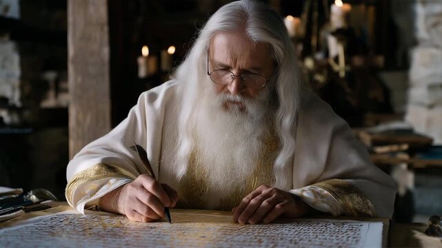 Coptic Christian artist illuminates manuscript page using medieval techniques, gold pigment catches candlelight, religious iconography emerges through patient brushwork, perfect for sacred text and