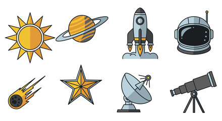 Space icons with rocket ship. © nivi