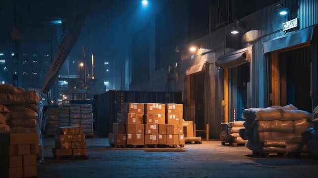 Desolate customs warehouse at twilight, single World Health Day pharmaceutical shipment awaiting priority clearance, blue emergency lighting casting shadows on urgent medical cargo, ideal for
