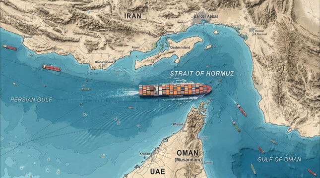 3D rendered topographical map of the Strait of Hormuz and Persian Gulf region from aerial satellite view
