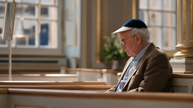 Elderly cantor practices Yom Kippur prayers in empty synagogue, traditional melodies echo through ornate sanctuary, afternoon light streams through tall windows, perfect for High Holidays and