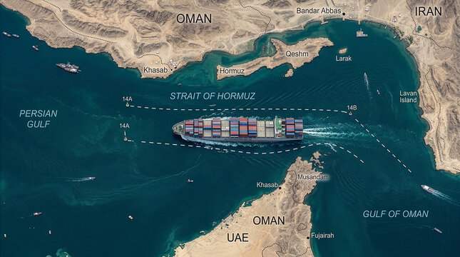 3D rendered topographical map of the Strait of Hormuz and Persian Gulf region from aerial satellite view
