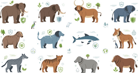 Fototapeta premium Wild animal illustration set featuring elephants, wolves, tiger, dolphin and forest wildlife characters in flat vector style collection