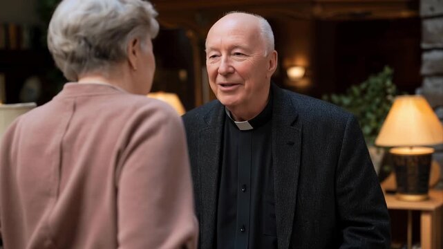 Elderly minister counsels interfaith couple in cozy office, different religious texts stack on desk between them, warm lamps create intimate atmosphere for difficult conversation, ideal for