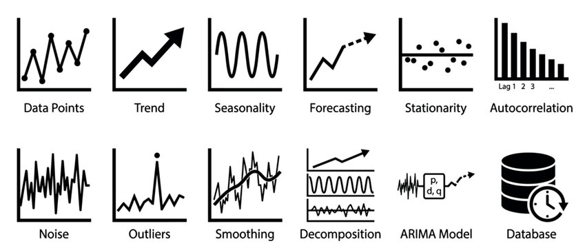 Twelve black and white conceptual icons illustrating various data analysis concepts, presented in a clear, illustrative, and informative graphic style