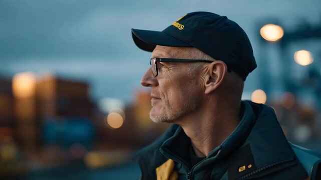 Elderly port security officer's final patrol at twilight, single flashlight beam illuminating container numbers, decades of experience visible in confident stride, perfect for maritime protection
