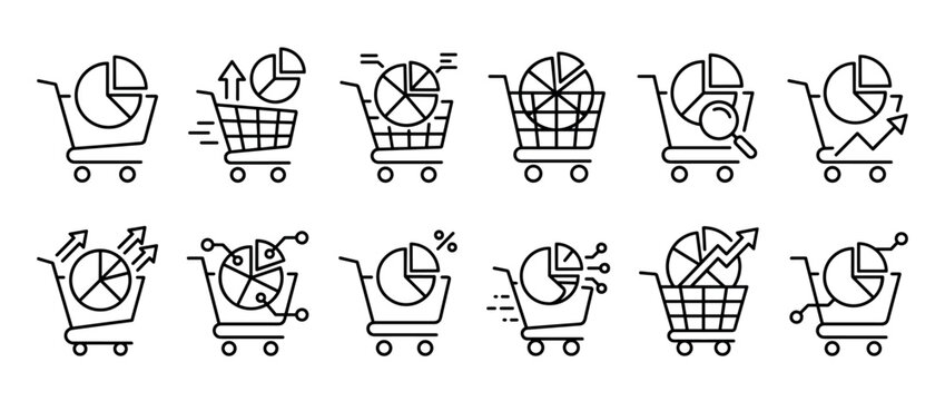 Twelve black outline shopping cart analytics icons illustrating various aspects of e-commerce data, market research, sales performance, and business intelligence in a clean, modern style