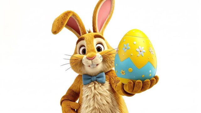 Conejito de pascua saludando y mostrando un huevo de pascua pintado de azul y amarillo, sobre fondo blanco