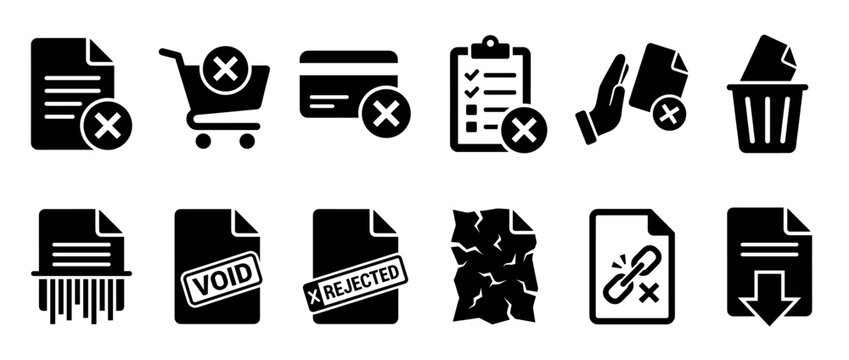 Comprehensive set of black glyph icons illustrating various concepts of rejection, cancellation, and document management, presented in a clean, modern, and high-contrast style