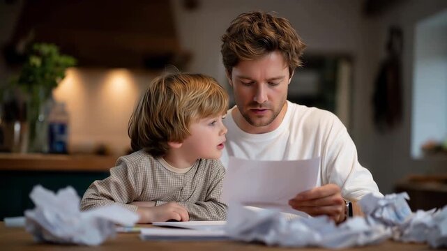 Elementary student throws tantrum over spelling homework while father remains calm at kitchen table surrounded by crumpled papers, ideal for parenting challenges education stress management, and