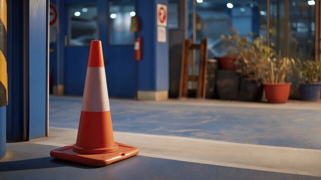 Empty loading dock safety training area at blue hour, single bright orange cone beside painted floor markings, industrial warning signs glowing under security lights, perfect for workplace hazard