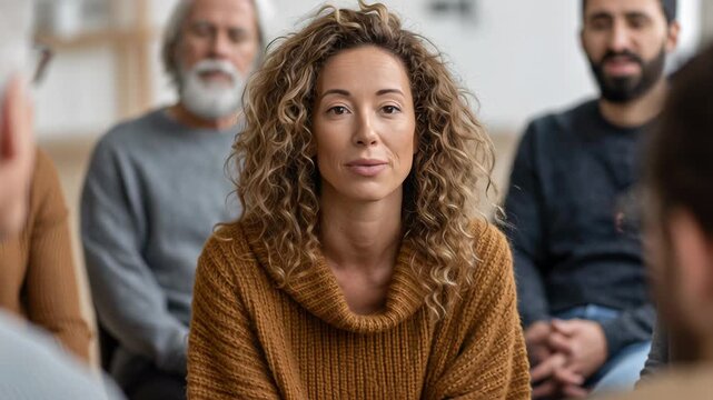 Curlyhaired woman speaking in support group, earnest conversation with attentive peers, cozy therapy room, warm sweater, emotional sharing and listening,