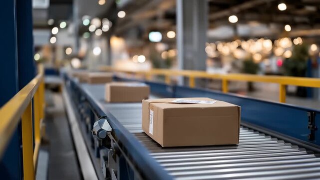 Empty reverse logistics sorting conveyor at blue hour, single returned item traveling through desolate automated system, twilight glow through industrial windows, perfect for returns automation and