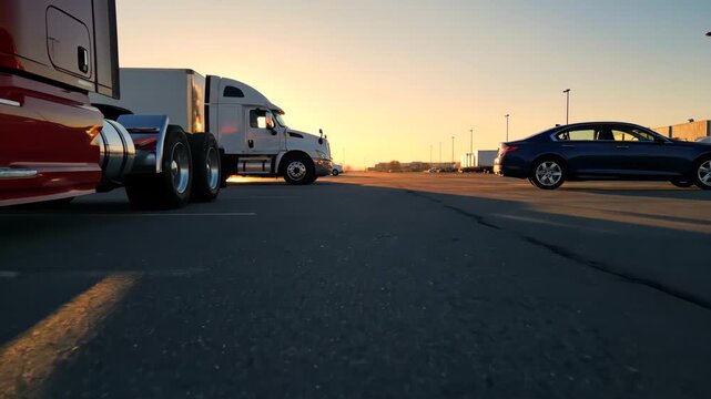 Sunrise truck yard quiet asphalt shadow. Parked rigs and sedans bathed in warm dawn glow, chrome wheels catching light, empty terminal lanes stretching toward horizon, calm logistics scene