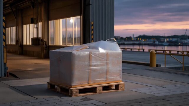Empty loading dock at twilight blue hour, single abandoned pallet wrapped in torn plastic catching last rays of sunset, industrial steel doors reflecting purple sky, ideal for warehouse vacancy and