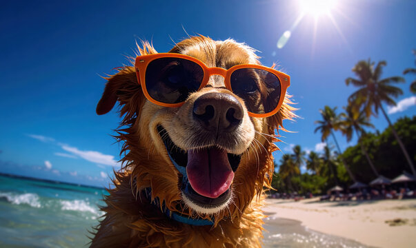 A joyful golden retriever dog wearing sunglasses while splashing through tropical ocean turquoise waves. Happy pup expression and an excited wide grin with tongue out, enjoying the exotic beach