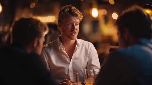 Failed accelerator batch reunion, founders comparing current ventures versus original pitches, candlelit atmosphere bar setting, wide establishing shot, ideal for pivot stories, program outcomes,