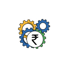 Obraz premium Interlocking mechanical cogwheels in yellow, blue, and green featuring the Indian Rupee currency symbol on a white background, depicting industrial finance and economic mechanisms.