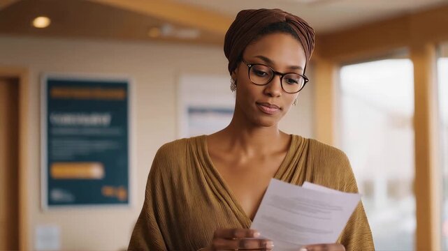 Female paralegal organizes intake forms for waiting clients in bright community legal clinic waiting room with multilingual posters on walls, perfect for accessible justice free services legal