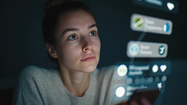 Teen girl scrolling phone nighttime glow, soft lamp and blue screen illuminate face, animated social icons and notification badges float around, follower counts