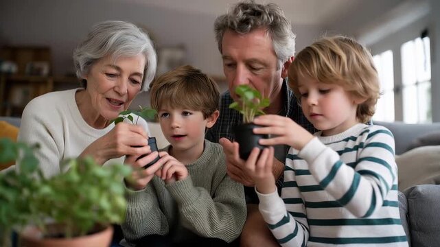 Four generations gather in modest living room to plant seedlings in recycled containers for Earth Day family project, perfect for sustainability gardening multigenerational activity, and