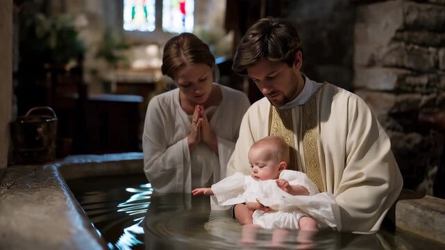 Godparents hold infant in white gown near stone baptismal font, spring light streams through stained glass creating rainbow patterns on water surface, perfect for Christian sacrament and