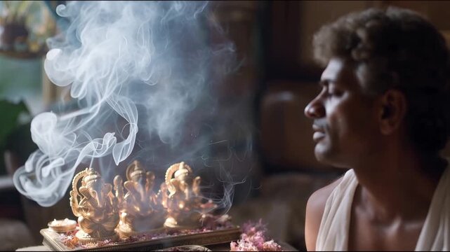 Hindu devotee offers flowers at home shrine, brass deities receive daily puja, incense smoke curls through golden hour light streaming window, perfect for domestic worship and contemporary