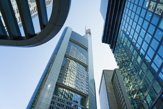  March, 18, 2026 Frankfurt am Main, Hesse, Germany. A large skyline panorama of Frankfurt am Main in spring with a view of the Commerzbank.