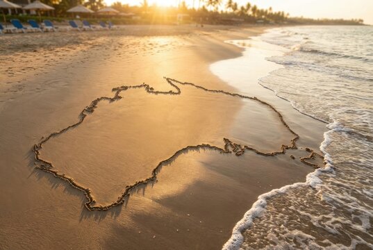 A sandy beach at sunset with the outline of Australia drawn in the sand. Gentle waves lap at the shore, creating a serene atmosphere.