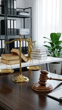 Law office interior with scales of justice, gavel, books, and plant.