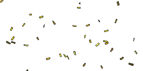 Scattered gold confetti on a white background, celebration party elements, festive decorative shower, holiday birthday event, top view, isolated objects, new year