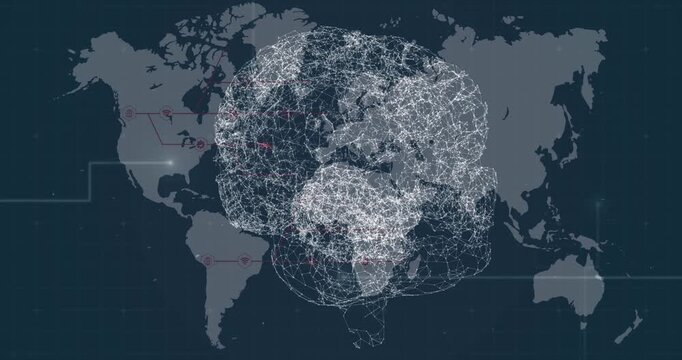 Animation of digital brain and world map on black background