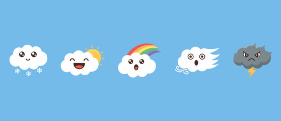 Fototapeta premium Weather forecast cloud icons set featuring snow, sun, rainbow, wind, and lightning storm with cute kawaii facial expressions for children mobile app.