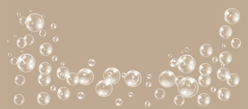 Clear glossy bubbles background with transparent soapy water spheres