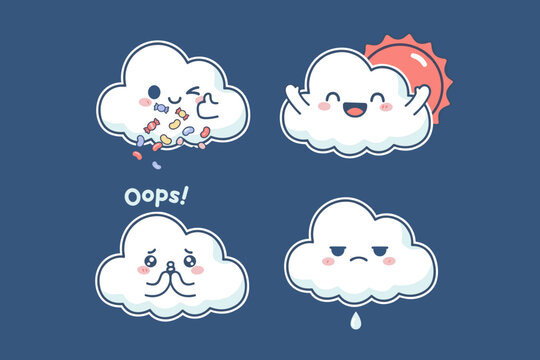 Set of cute cloud characters with different weather conditions and expressions including sunny rainy and oops face for kids design