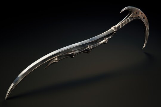 Gleaming fantasy glaive weapon with ornate bone like handle resting on a dark surface