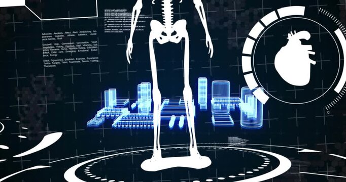 Animation of human skeleton and diverse scientific data on black background