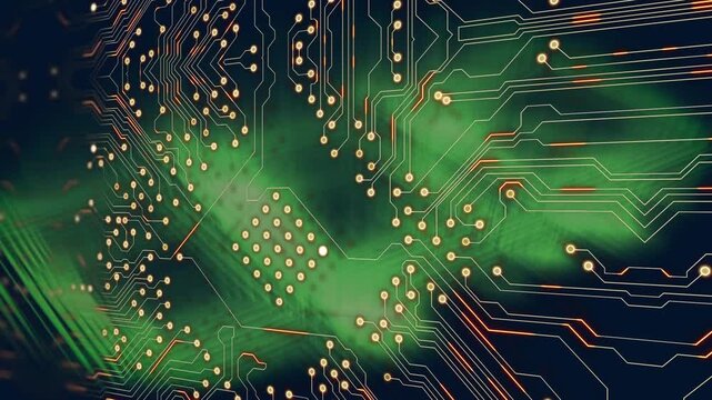 Digital animation of microprocessor connections over green light trails against blue background