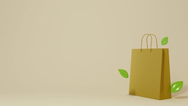 Horizontal 3D shopping eco sustainable bag packaging paper recycle reusable craft cardboard green leaf beige stage loop animation copyspace retail online ecommerce delivery zero waste background