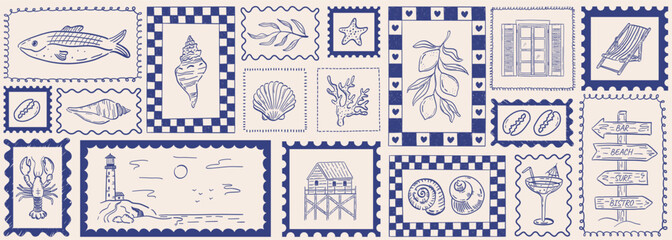 Seamless vector banner with mediterranean summer line art seashells, lemons, lobster and various coastal elements. Whimsical background with playful blue frames. Tropical beach pattern © Olga